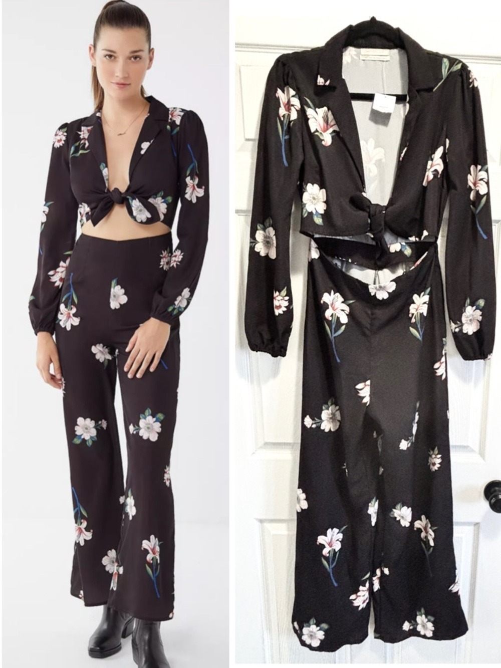 NWT URBAN OUTFITTERS UO Black Floral Tie Front Wide Leg Jumpsuit Size Small NEW